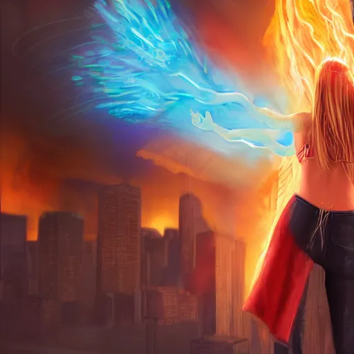 Prompt: young blonde with long hair woman from behind with flames coming out of hands flying in a cyberpunk city, very detailed, realistic, symmetrical face, art by digital painting,