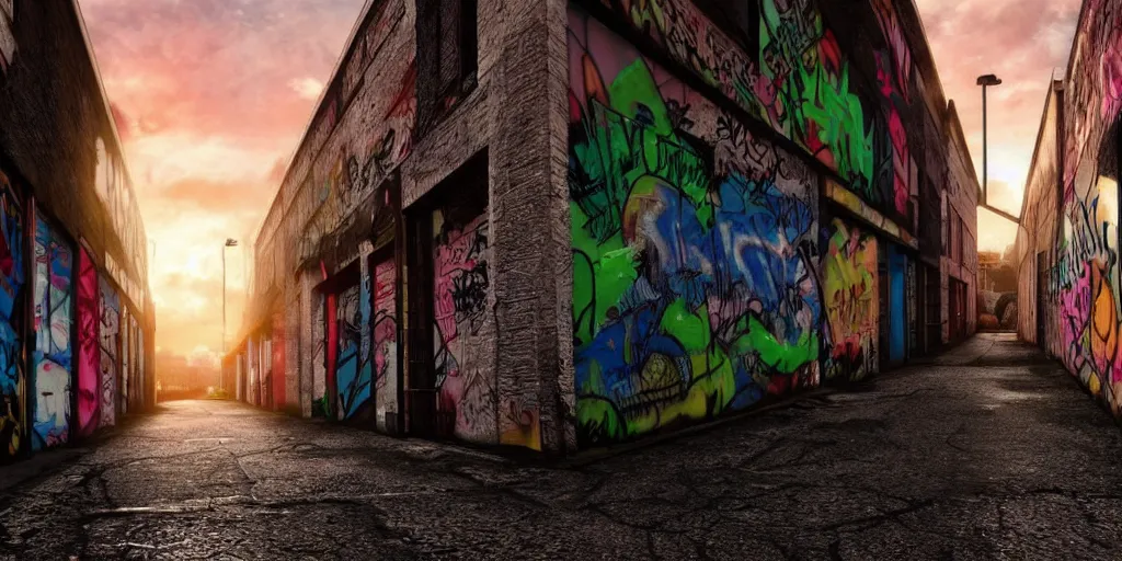 Image similar to photo realistic!! a graffiti filled alley at sunset after raining, dramatic lighting, artstation, unreal engine