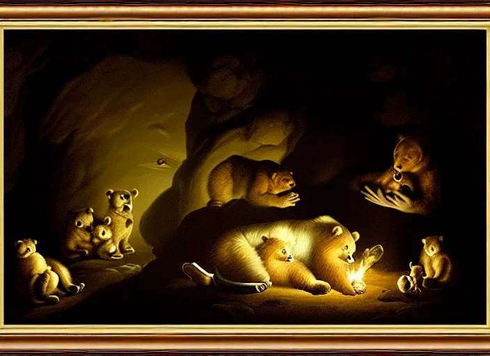 Image similar to Pieter Claesz's 'bear and her cubs sleeping in a dark cave lit by campfire', night time, cross hatching, framed