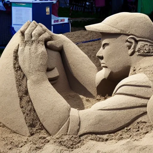 Image similar to a sand sculpture of someone building a sand sculpture