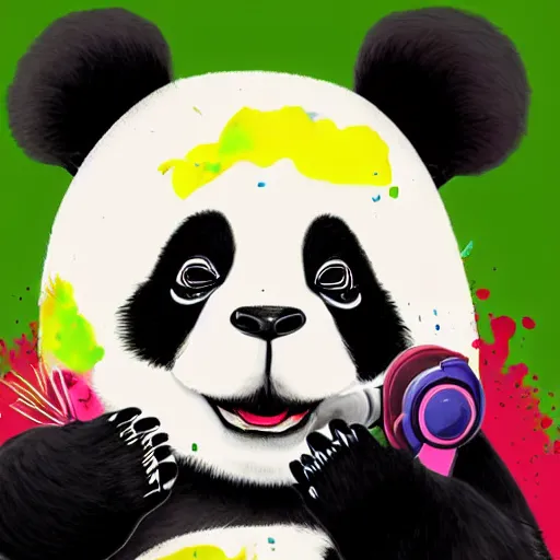 Image similar to colorful illustration of panda in headphones, colorful splatters, by andy wrahol and zac retz and kezie demessance