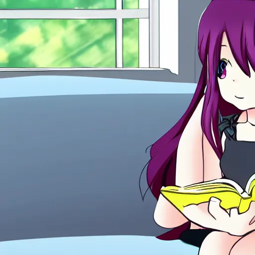 Prompt: Anime Girl reading a book on a sofa