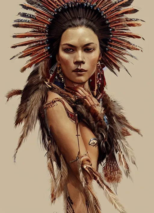 Image similar to gorgeous redskin woman wearing headdress, intricate, elegant, highly detailed, artstation, concept art, smooth, sharp focus, illustration, art by stefan kostic and greg rutkowski