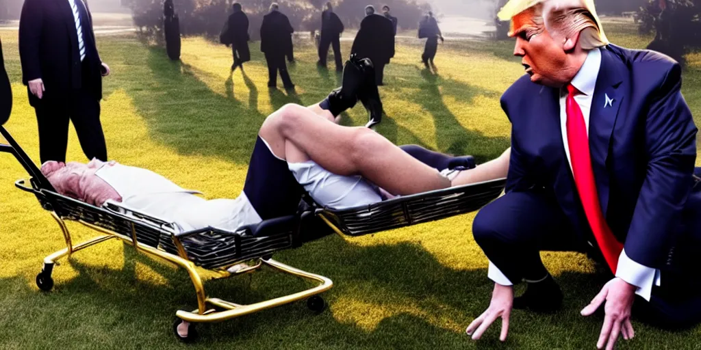 Prompt: Donald trump falls off of a trolly, caught in 4K, golden hour