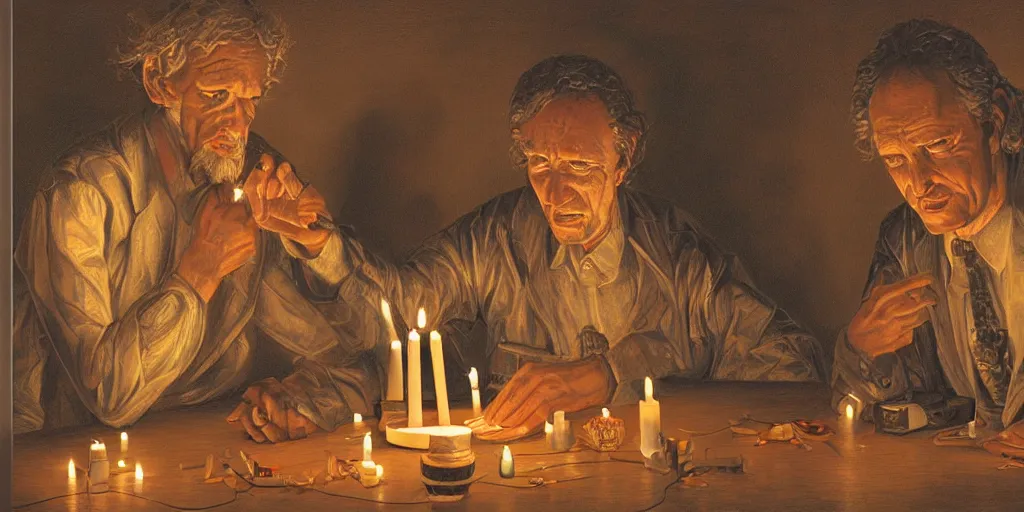 Image similar to two men arguing about neural networks in small room lighted by candles. highly detailed art by trevor brown