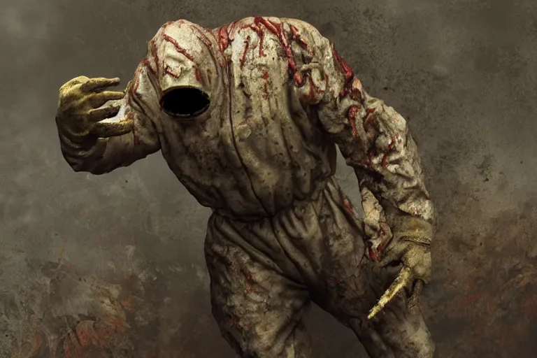 Prompt: slimy meat monsters, a man in a hazmat suit, in the style of silent hill, octane