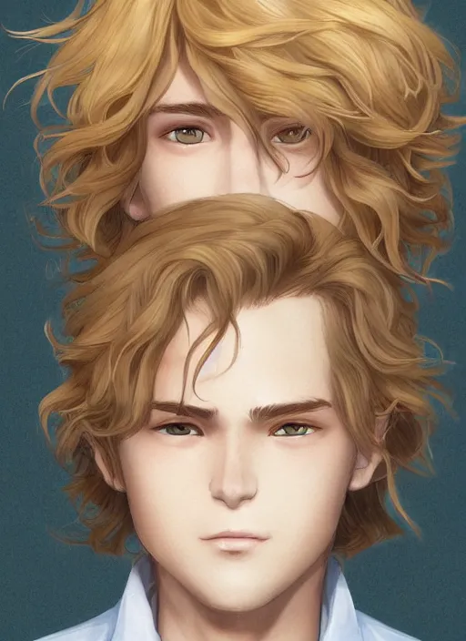 Image similar to young man with medium - length, curly, golden hair, perfectly proportioned face, aquamarine eyes, sweet smile, natural lighting, path traced, highly detailed, high quality, cartoon, digital painting, by new haicheng and studio ghibli