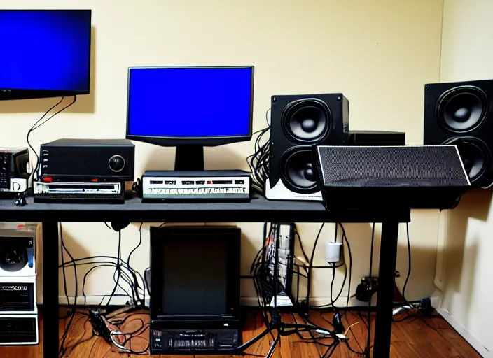 Prompt: moderator stance, sound filter, 6 monitors, pedals, drums, a gaming guitar, controller, 6 consoles, 1 0 computers, bunch of wires, soundpads, speakers, antena, satellite, dog, dog cam, cat cam, cat tree cat this