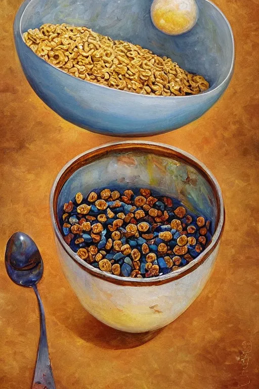 Prompt: painting of biblically accurate bowl of cereal, beautiful composition, amazing details, cosmic horror, surrealism