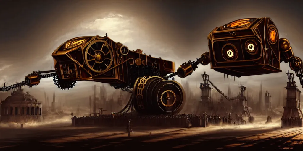 Prompt: steampunk robot wars, digital art, hyperrealistic, fantasy art, matte painting, 4K