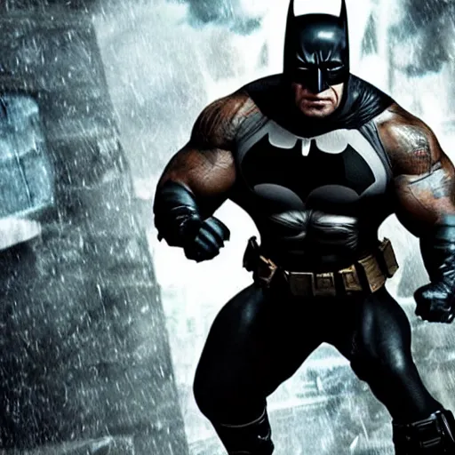 Image similar to Dwayne Johnson as batman Arkham, cinematic, epic , dramatic