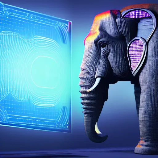 Image similar to hyper realistic cybertronic elephant. high details. complex mechanical body. blue led. cyberpunk style, intricate, trending on art station, 8 k render.