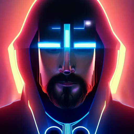 Image similar to portrait of tron legacy jesus, hyper realistic, concept art, intricate, hyper detailed, smooth, illustration. artstation, rutkowski, gurney, alphonse mucha