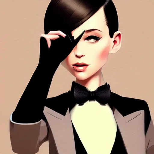 Image similar to young female in black tuxedo, corporate boss, luxury, muted colors, matte print, pastel colors, 2d, ultra highly detailed, smooth, sharp focus, digital art, digital painting, fan art, elegant, artstation, by Ilya Kuvshinov