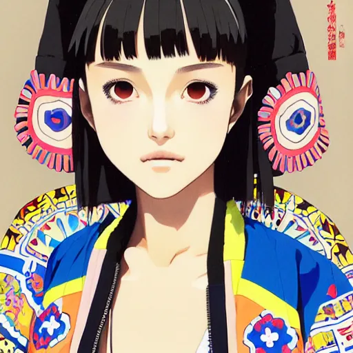 Image similar to a beautiful japanese natalie portman gravure model, wearing oversized native designer bomber jacket and leotard with overalls, bulky poofy bomber jacket with mesoamerican patterns, mesoamerican native street fashion, gapmoe yandere grimdark, trending on pixiv fanbox, painted by greg rutkowski makoto shinkai takashi takeuchi studio ghibli, akihiko yoshida