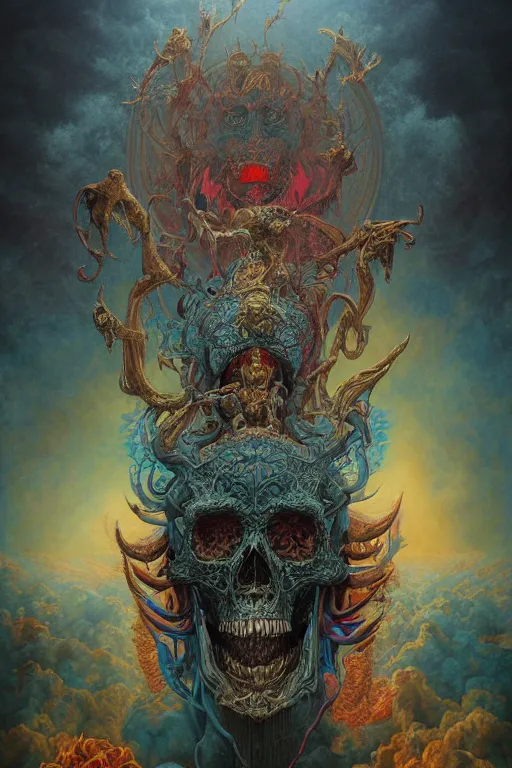 Prompt: gigantic psychedelic demonic skull lord of death and fire, fantasy painting, ultra realistic, wide angle, art nouveau, intricate details, rainbowshift, vivid colors, highly detailed by peter mohrbacher, h. r. giger, maxfield parrish, gaston bussiere, gustave dore, beksinski, craig mullins, octane render, cgi