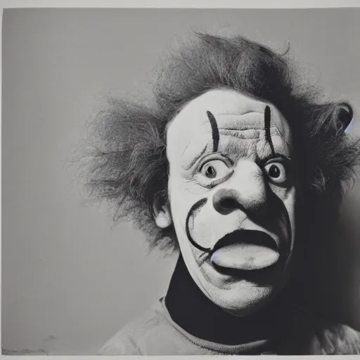 Prompt: portrait of clown by diane arbus, black and white photography
