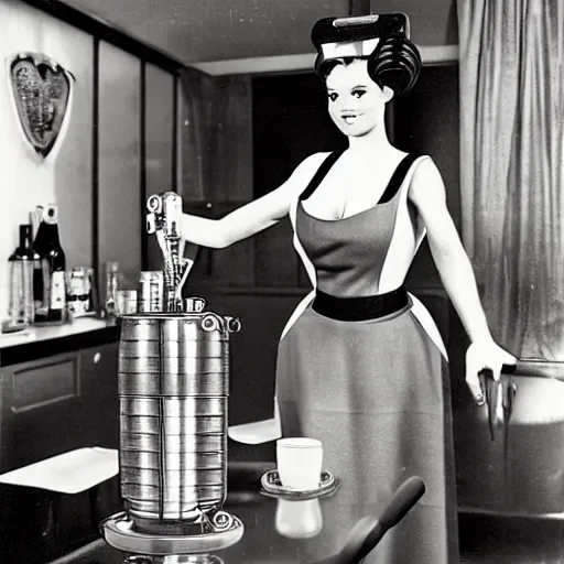 Image similar to retrofuturistic, futuristic style, robot maid serving a drink