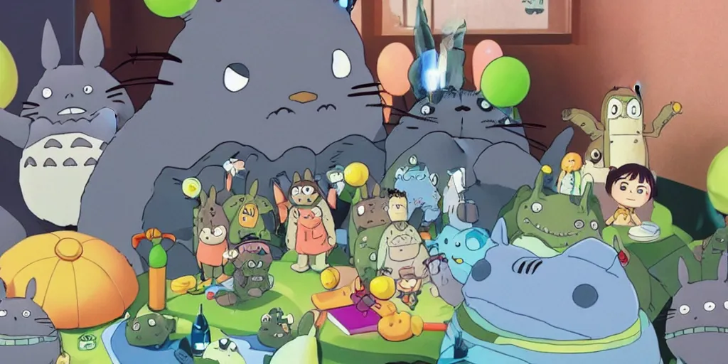 Prompt: totoro's brithday party, aliens of the toy story say happy birthday, style of hayao miyazaki, cinematic light, warm, elegant