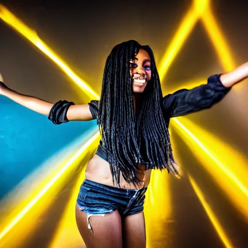 Prompt: beautiful black emo girl, dancing at a rave, professional photography, 4 k, 8 k, high quality photograph