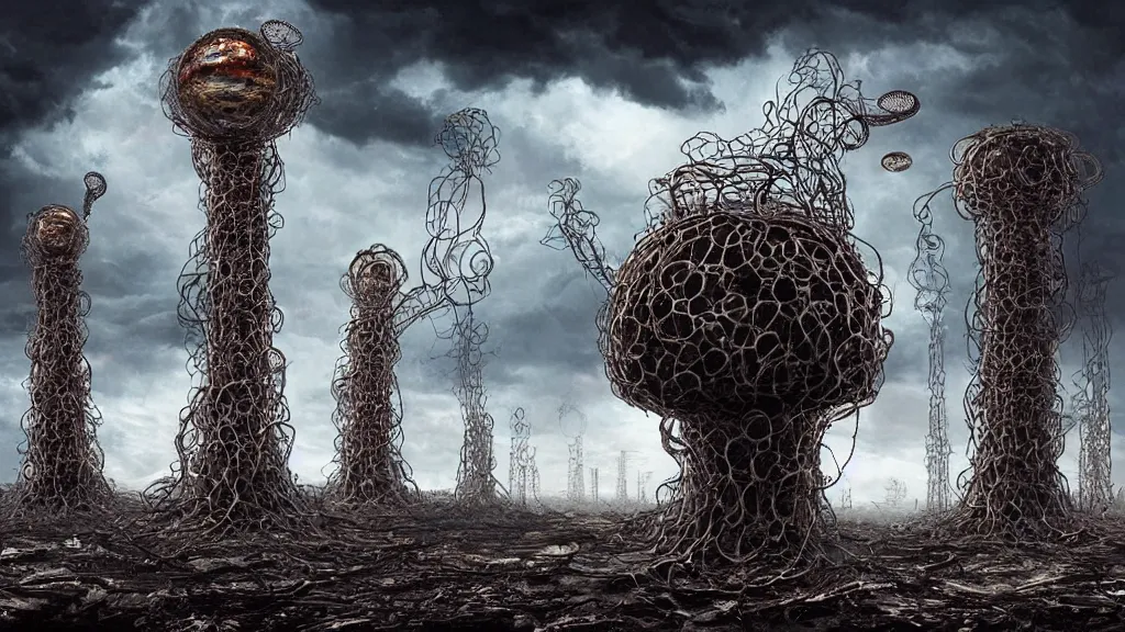 Image similar to giant bio-organic fleshy complex machine tower! with tendrils!! and one eyeball!!! at the top looking over a stormy post-apocalyptic wasteland, dystopian art, with art direction by Salvador Dalí, wide lens