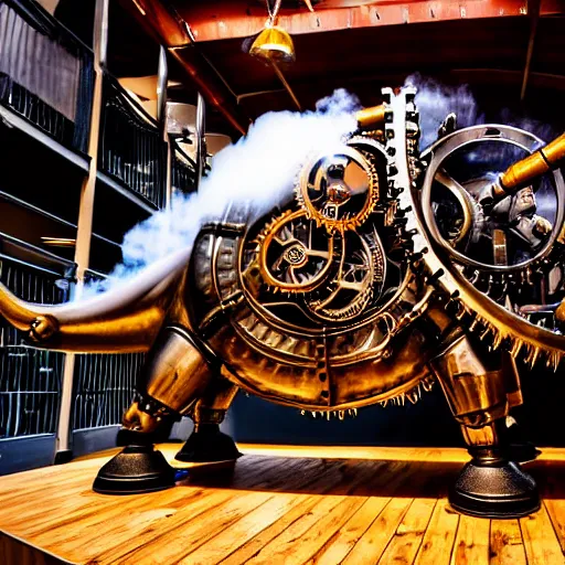 Prompt: a clockwork mechanical bull there are gears sticking out of the mechanical bull steam emanates from the robotic bull and thick clouds of steam swirl around the clockwork bull, ultra high detail, high particle effects, highly reflective surface, realistic reflections