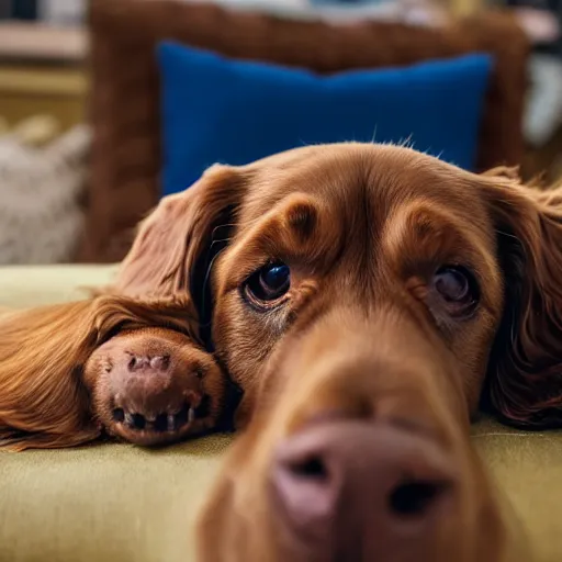 Prompt: a cute spaniel, Labrador and golden retriever spread out on a plush blue sofa. Award winning photograph, soft focus, depth of field, rule of thirds, national geographic, golden hour, style of Vogelsang, Elke, symmetric, resting