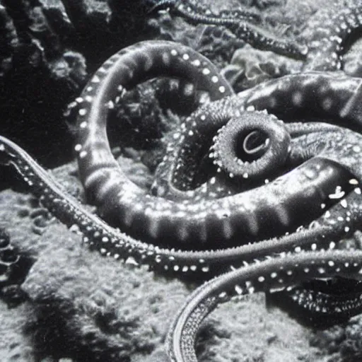 Prompt: 1 9 7 0 s vrc tape underwater rov footage, long tentacle octopus squid tentacles