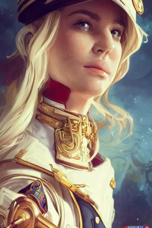 Image similar to beautiful portrait of a female officer wearing a fancy naval uniform, art by artgerm, wlop, craig mullins, alphonse mucha, science fiction, intricate detail, blonde hair, space background, trending on artstation, sharp focus, illustration, caustics, octane render, radiant light, 4 k