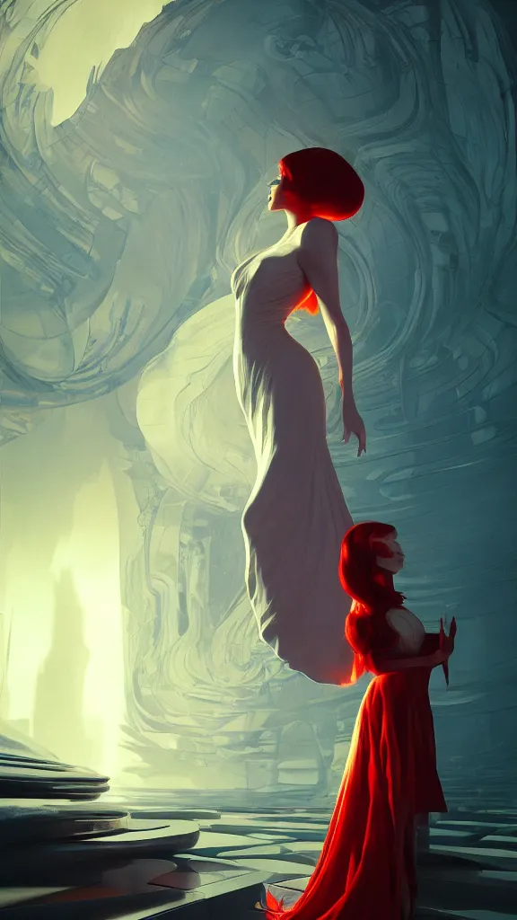 Image similar to a mysterious woman with red hair and white gown, DMT imagery, Octane render, PBR, path tracing. subsurface scattering. By Syd Mead and Tyler Edlin and Paul Lehr and Albert Bierstadt