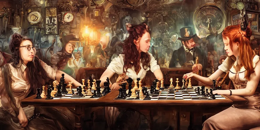 Women playing chess at the steampunk pub, Quentin, Stable Diffusion