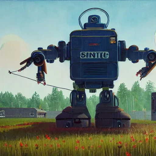 Prompt: painting by Simon Stålenhag. a giant robot in the background