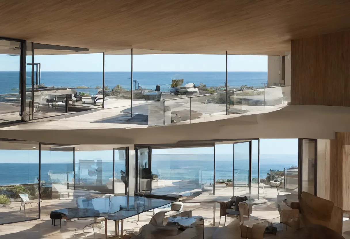 Image similar to Modern interior of a house with big windows, modern furniture at dawn, Located on a cliff view to the sea, detailed architecture coherent high detail