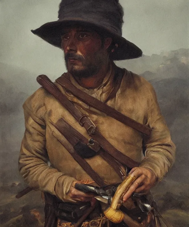 Prompt: ultra realistic color portrait painting of a spanish bandolero 1 9 th century with a trabuco, dark, painted, brooding, atmospheric, landscape, smooth, epic, highly detailed, cinematic