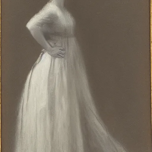 Image similar to portrait of a young action heroine, white dress, by alfred stevens in charcoal