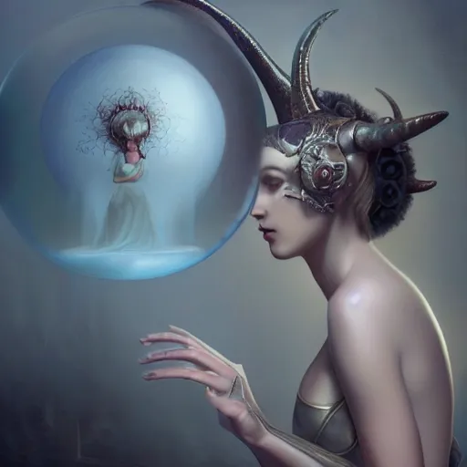 Prompt: By Tom Bagshaw, ultra realist soft painting render of a curiosities carnival scene, Beautiful horned single female in long curvy gothic dress, watching an octane render of a floating transparent glass sphere, reflection and refraction, symmetry accurate features, very intricate details, deep fog, dark fantasy background, artstation