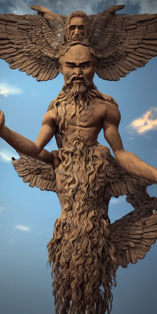 Image similar to enki sumerian god with wings, unreal 5, hyperrealistic, realistic, photorealistic, dynamic lighting, highly detailed, cinematic landscape, studio landscape, studio lighting