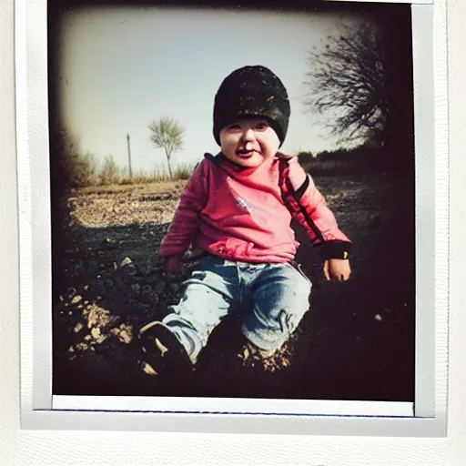 Image similar to polaroid of a punk rock baby at a landfill