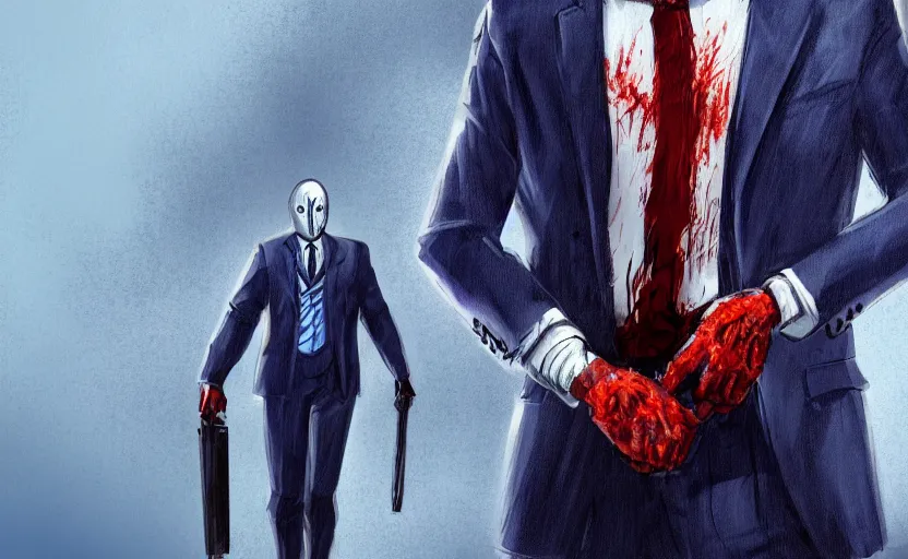 Image similar to cinematic view of a dead by daylight killer lawyer wearing a blue business suit, character portrait, digital art