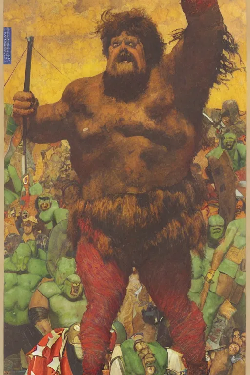 Image similar to full body portrait of huge hulking giant haystacks as superhero, simple background, painted by jack kirby, lawrence alma tadema, norman rockwell, greg staples, wayne barlow, jacob collins, tom lovell, frank schoonover, neville page