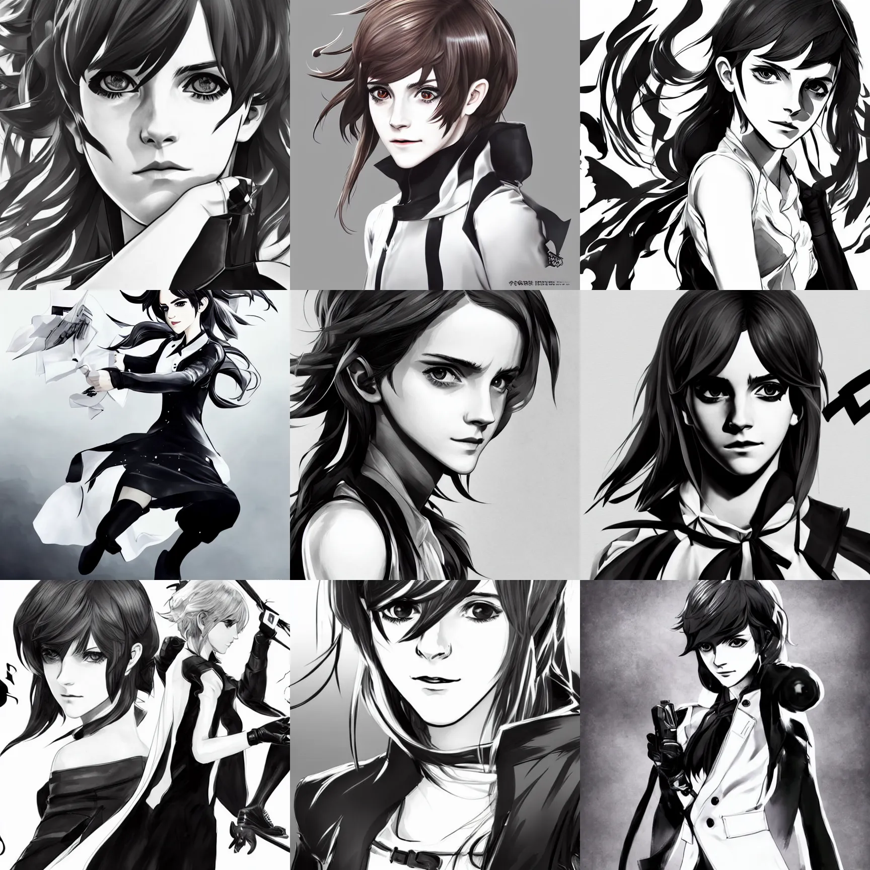 Prompt: concept art of emma watson as a persona 5 character, white background, monochrome 4k character illustration by shigenori soejima and masayoshi suto