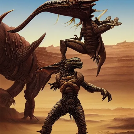 Image similar to hard metal rockers riding dinosaurs in the space desert, boris vallejo style, steampunk, hyper detailed, digital art, cinematic lighting, concept art by artgerm and greg rutkowski and caravaggio and moebius and jakub rebelka, 8 k