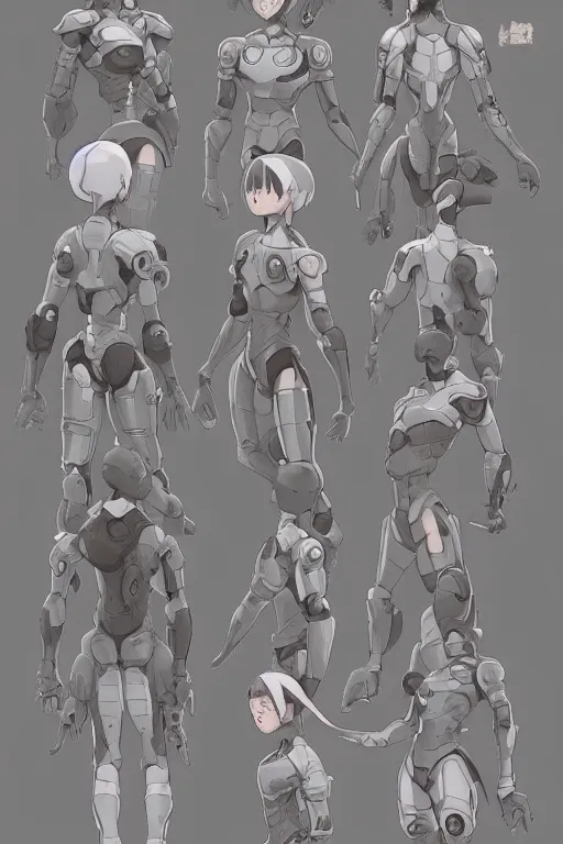 Prompt: the cute cyborg mother, character concept, character reference sheet, front and side views, by Makoto Shinkai, Stanley Artgerm Lau, WLOP, Rossdraws, James Jean, Andrei Riabovitchev, Marc Simonetti, krenz cushart, Sakimichan, trending on ArtStation, digital art, character design, lou romano color scheme