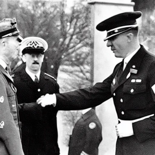 Image similar to Obama shakes hands with Adolf Hitler secret general, Real Event, Historical Event, Realistic,