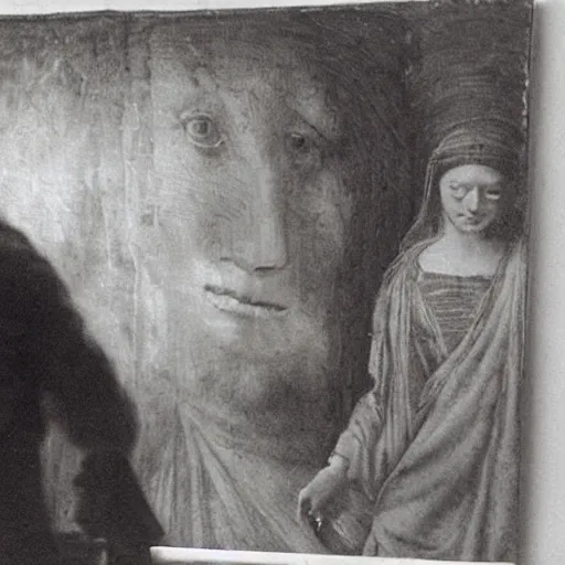 Image similar to rare old photo from behind of leonardo da vinci painting his unfinished painting of monalisa date 1 5 0 3