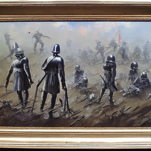 Image similar to oil painting of a ground covered in medieval silver soldier corpses, war, storm dawn, by Frank Frazetta, by Georgia O Keeffe sfumato, realistic