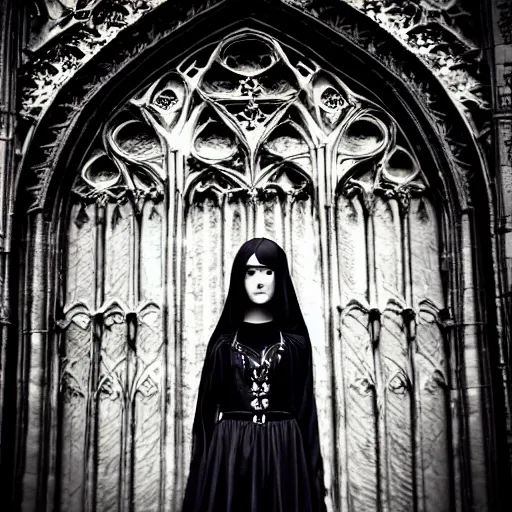 Image similar to gothic girl dressed in black, perfect face, macro head shot, behind her a gothic cathedral, perfect photo, no decaying lines, the windows of the cathedral are reflecting red flame lights, delicate mandala intricate ornaments