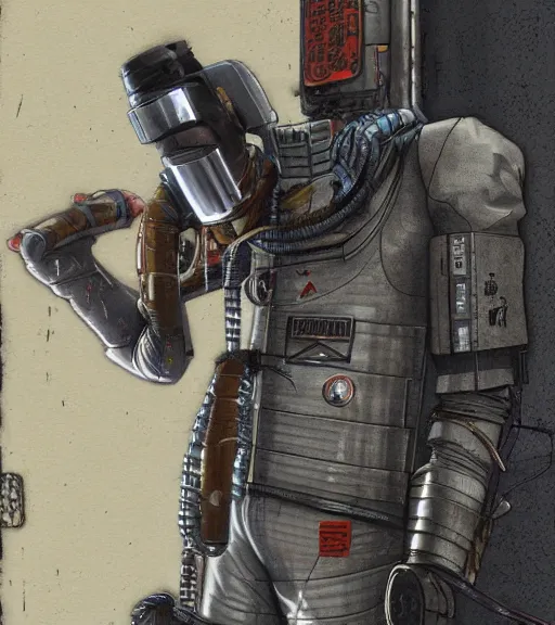 Image similar to realistic cyberpunk japanese engineer with long limbs and a black spacesuit welding a wall, techwear, dead space, visible face, Industrial Scifi, detailed illustration, character portrait, by Martin Grip and Moebius