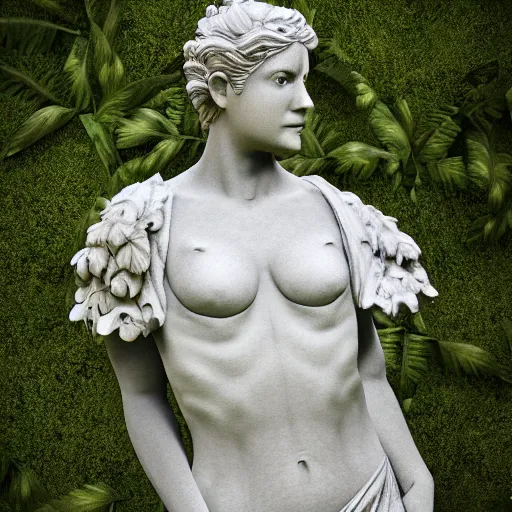 Image similar to an idealistic marble statue in a fractal garden, unreal engine, 8k render, beautiful, full frame,