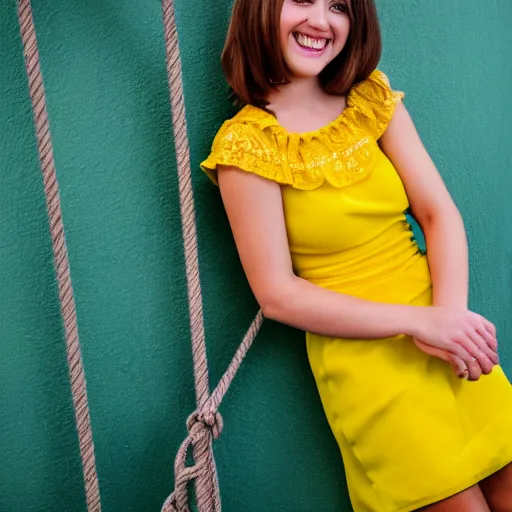 Prompt: a detailed portrait of a real cute girl on swing, wearing a yellow dress, smiling coy, award winning hd photo